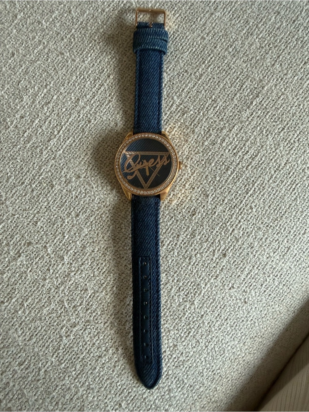 Guess Men's Navy Denim-Style Watch with Gold Accents
